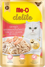 Load image into Gallery viewer, ME-O DELITE POUCH TUNA WITH SALMON IN GRAVY 70GRX12PKT IN BOX