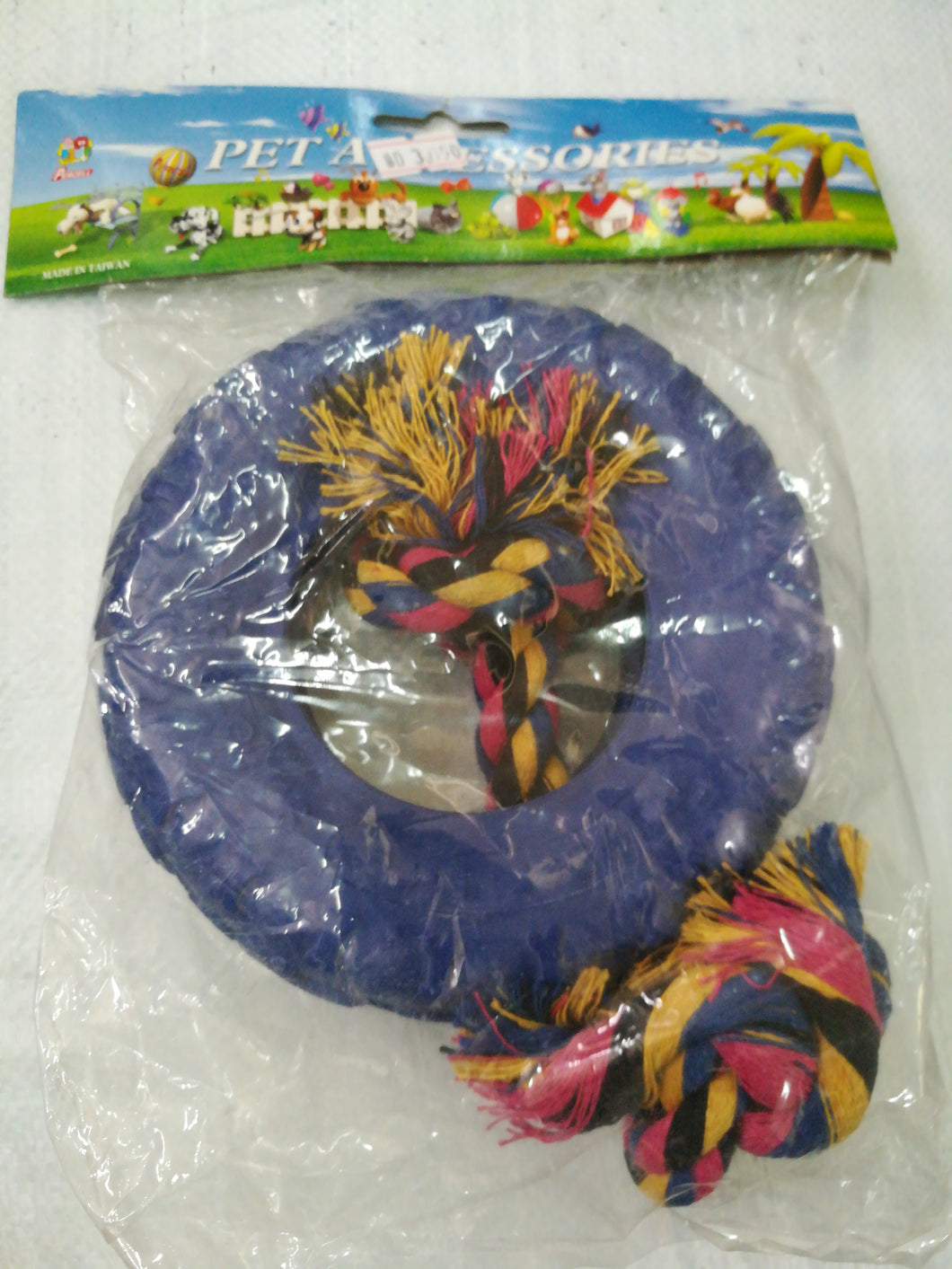 Dog toy small rubber tire with rope